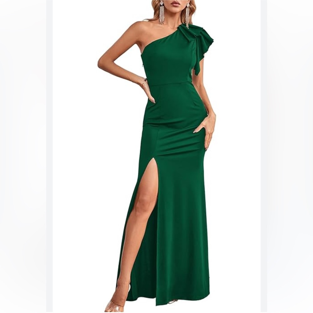 SOUQFONE green one shoulder dress w high split wedding guest evening gown NWT